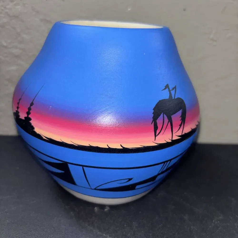 Native American Hand Painted Vase Signed Approximately 5”x5”